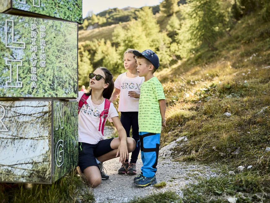 Woman and two children stand on a mountain trail beside a large sign