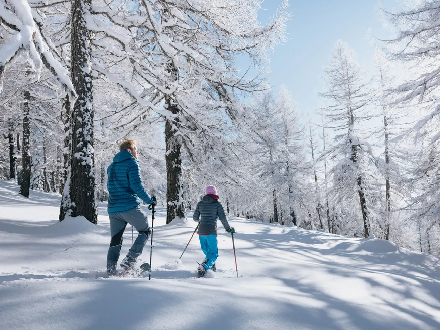 Inclusive services | Hotel Alphof in Fulpmes Two people hiking with poles through a snow-covered winter forest