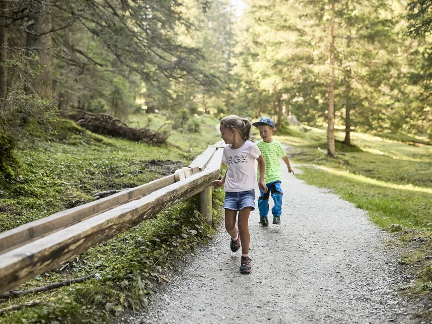 Two children walk along a forest path beside a wooden railing