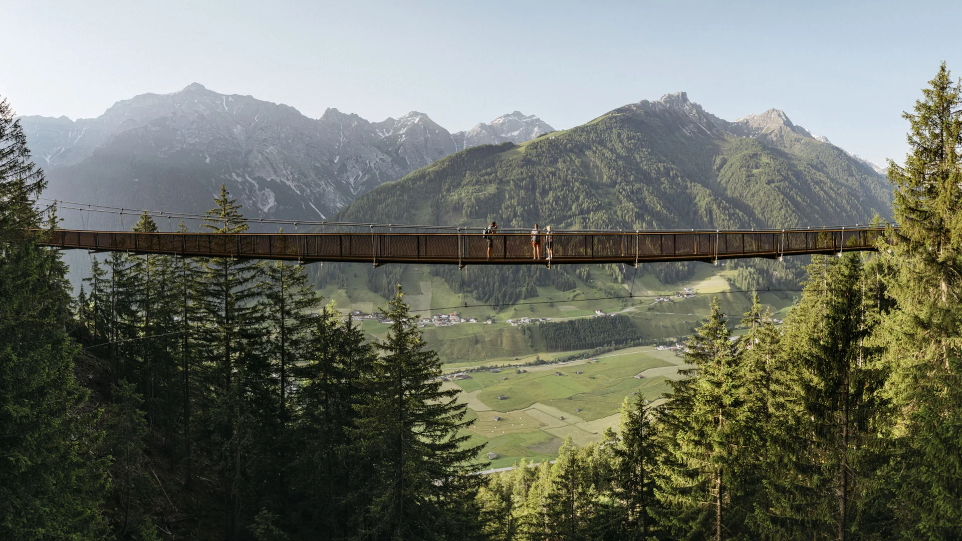 Suspension bridge above a forested valley with an alpine mountain backdrop