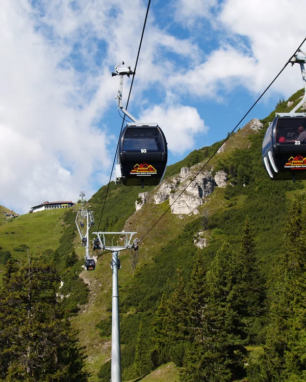 Alphof in Fulpmes, Tyrol | Attractions Cable cars over forested mountains beneath a blue sky