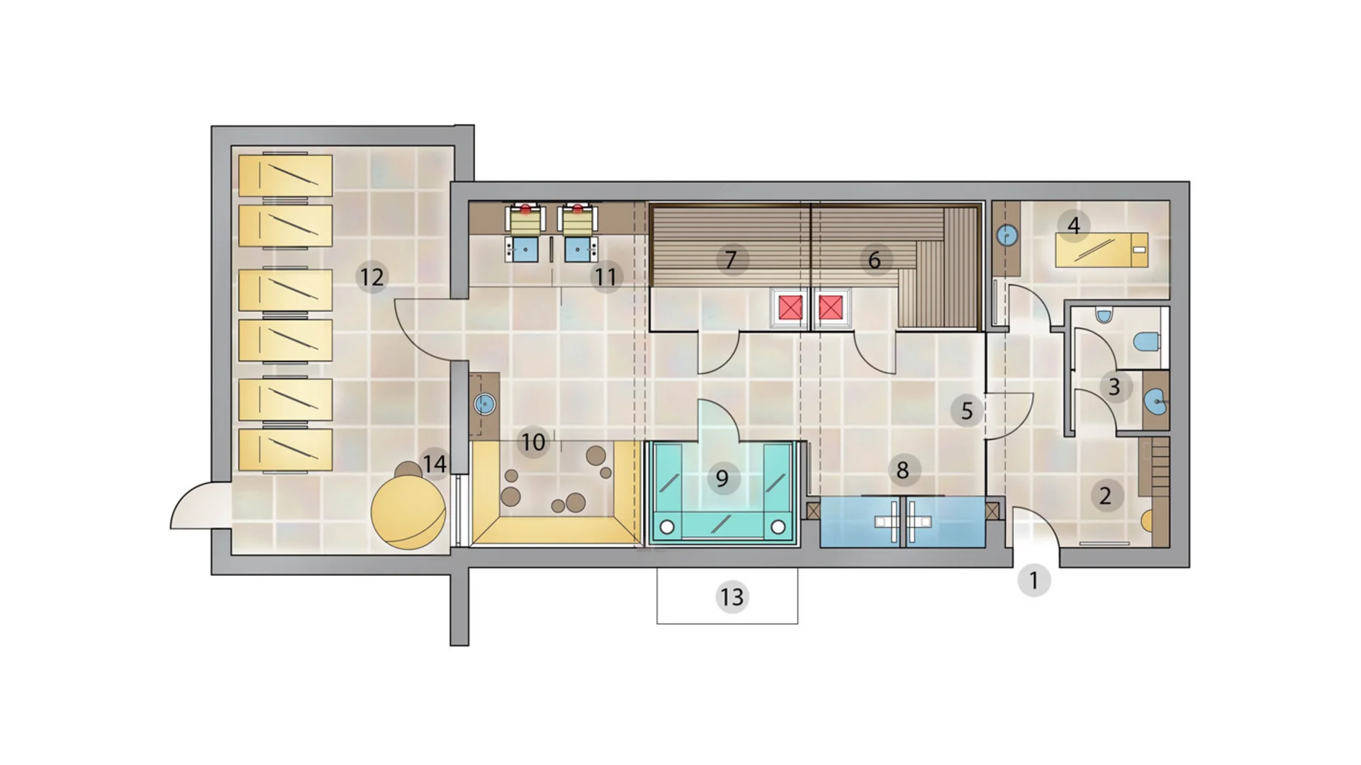 The modern AlpSpa at your spa hotel in Tyrol Floor plan with numbered rooms, bathrooms and furniture