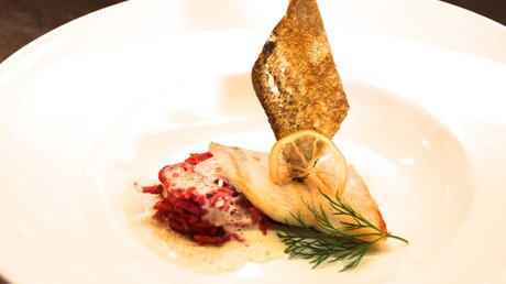 Einblicke in unser Hotel im Stubaital in Fulpmes Fein angerichteter Fisch mit roter Beilage, Zitronenscheibe, Dill und knuspriger Garnitur