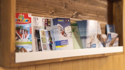 Summer or winter holiday in Tyrol: Hotel Alphof in Fulpmes Various tourist brochures and flyers on a wooden shelf