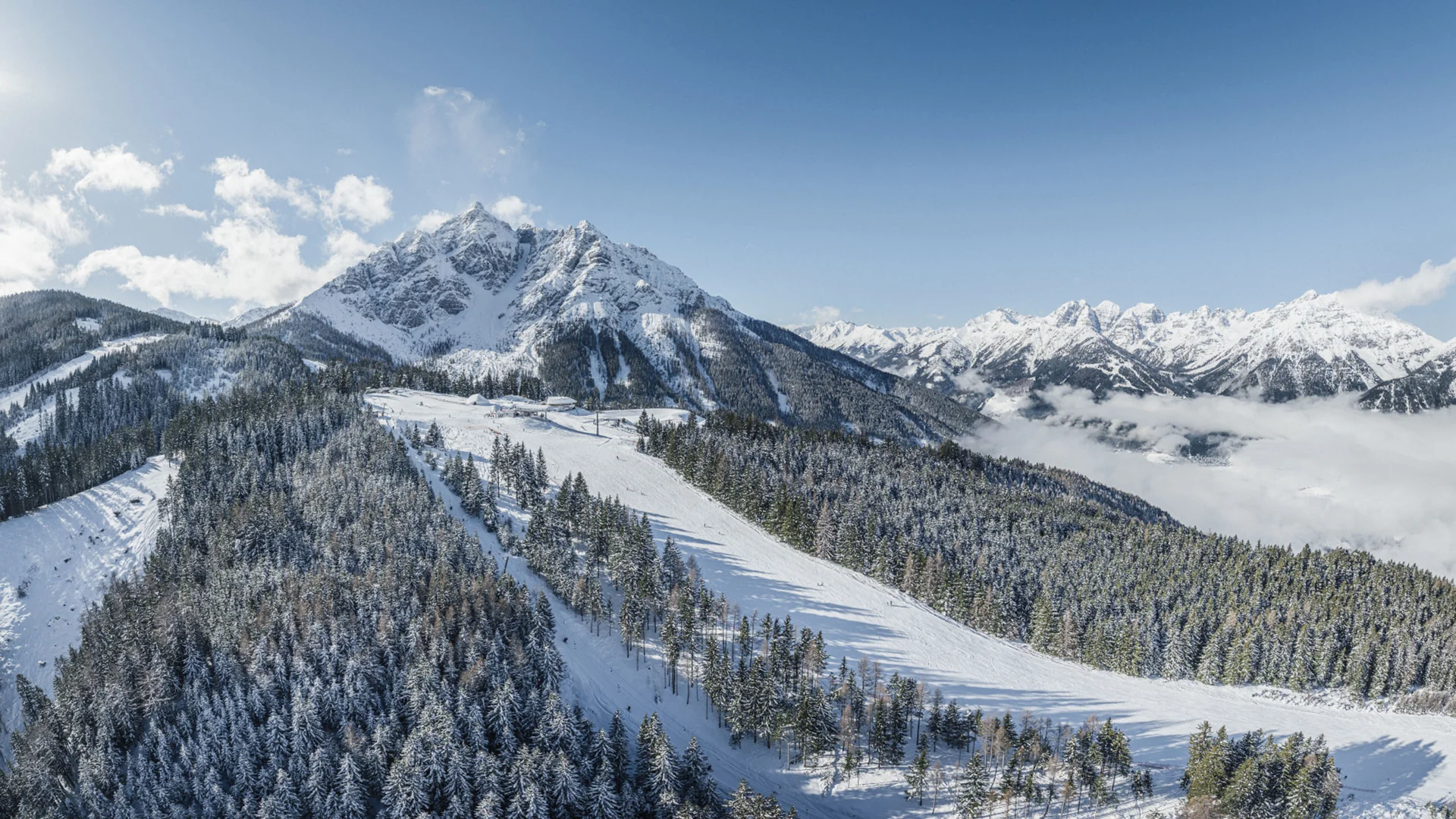 Snow-covered mountain landscape with forested slopes and snowy peaks