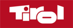 White geometric logo on a red background