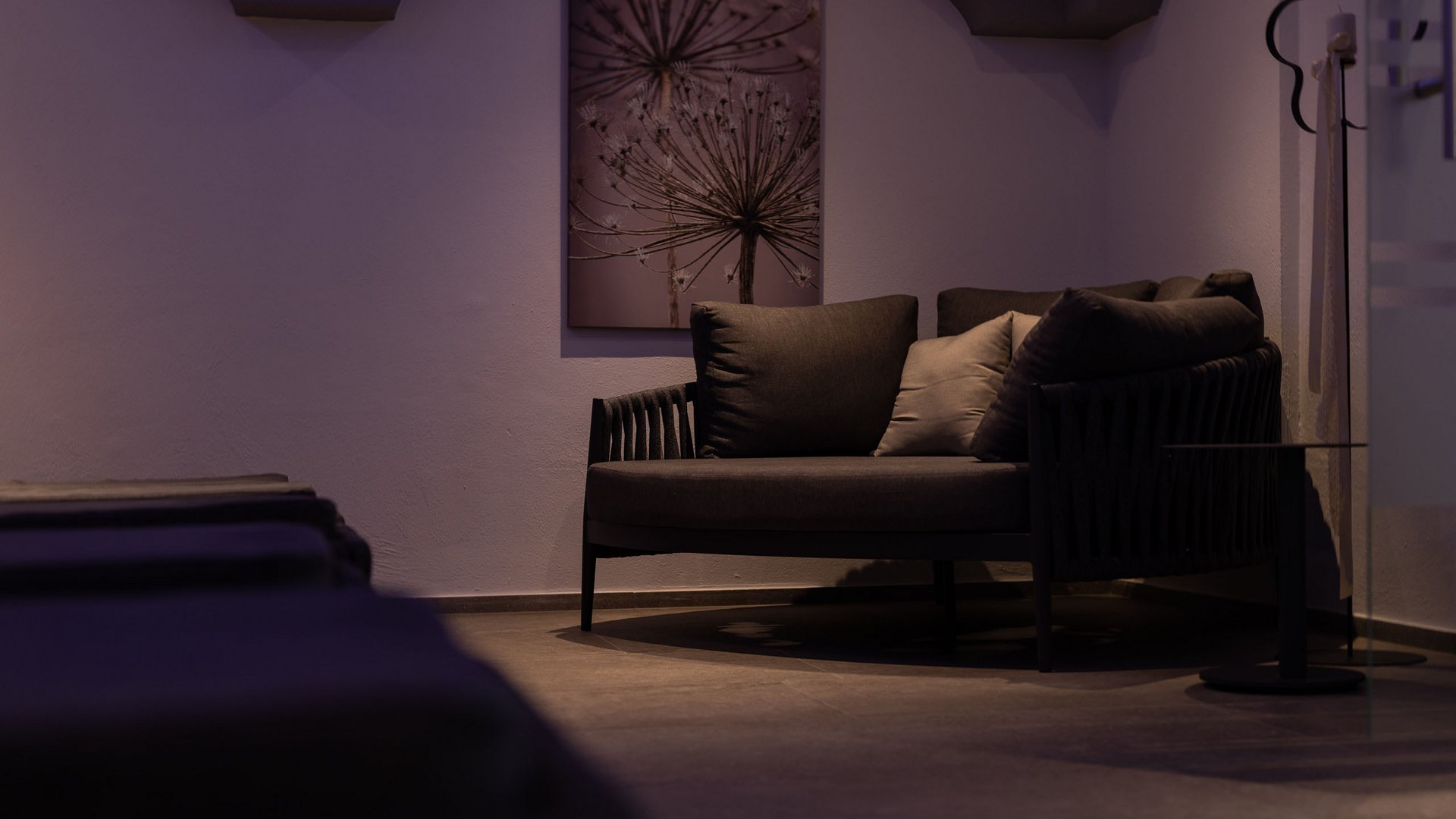 Unser Wellnesshotel im Stubaital Gemütliche dunkle Couch mit Kissen und Pflanzendruck an weißer Wand